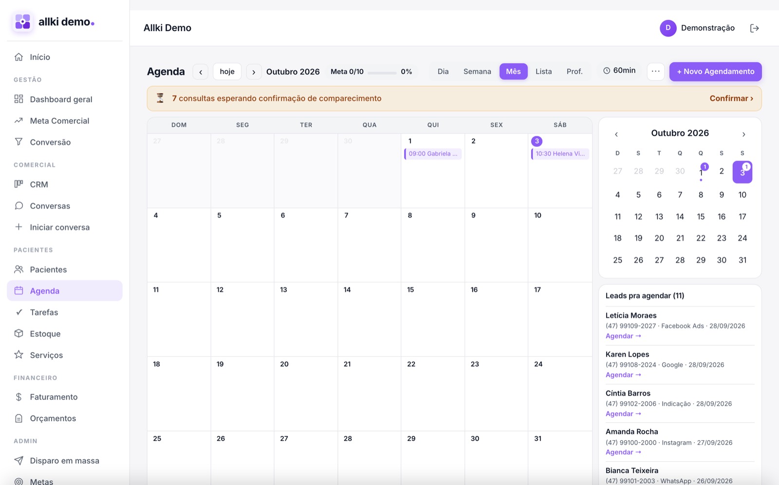 Tela da agenda do Allki: calendário do mês com consultas e lista de leads pra agendar
