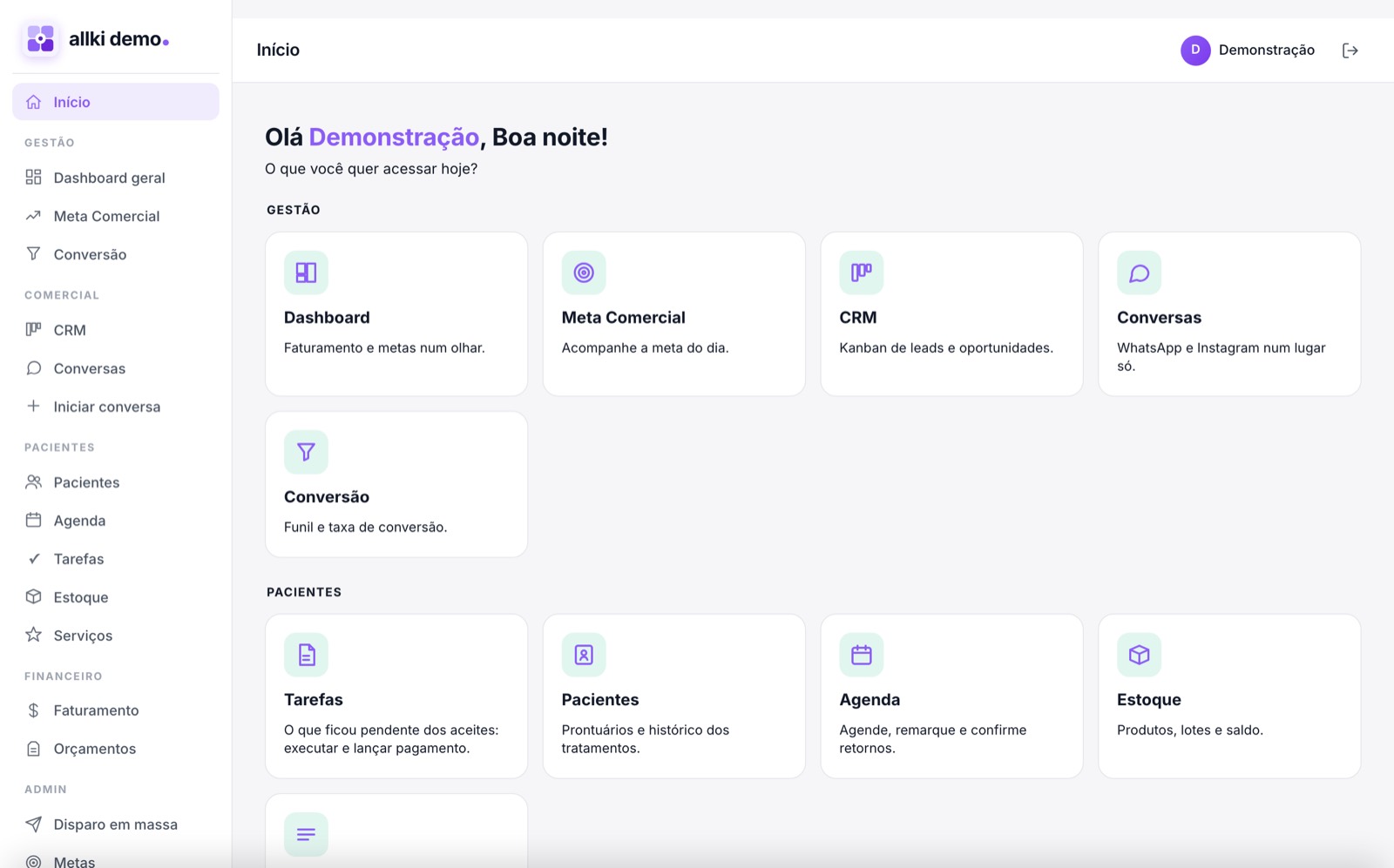Tela inicial do Allki: atalhos para Dashboard, CRM, Conversas, Agenda e Estoque